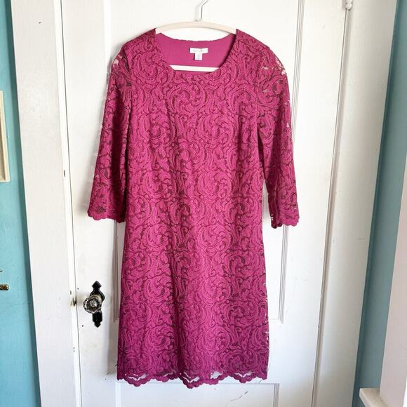 Garnet Hill Burgundy Lace Sheath Dress 3/4 Sleeve Scalloped Hemline 2 Classy - Picture 1 of 13